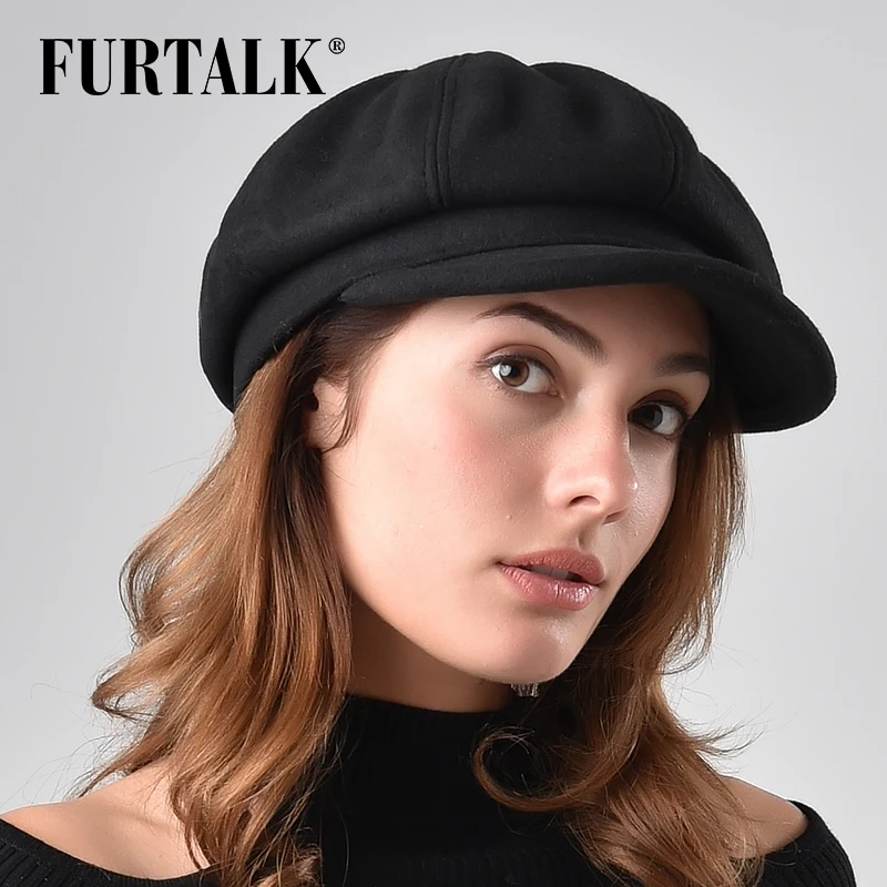 FURTALK шерсть Восьмиугольные шляпы женские зимние газетные кепки для девочек черный серый берет шляпа для женщин