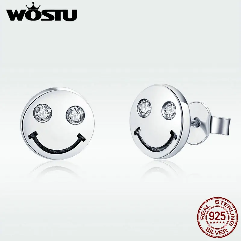 WOSTU 100% стерлингового серебра 925 пробы смайлик круглые серьги гвоздики для женщин