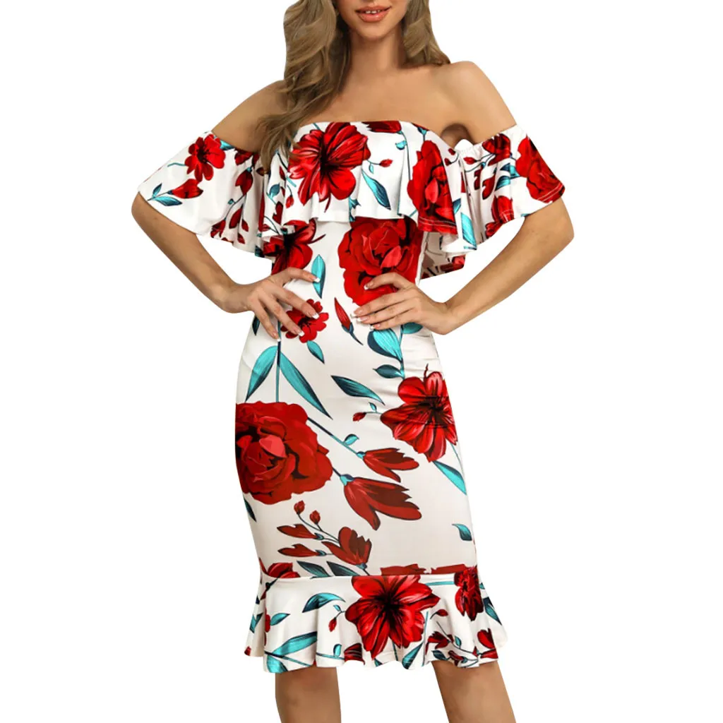 Женское летнее платье с принтом красной розы 2020 элегантное белое наклонным