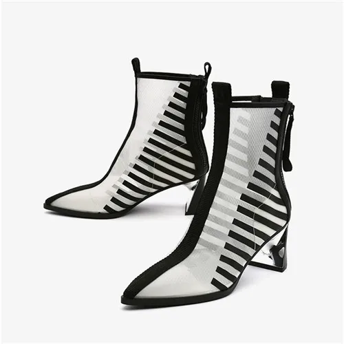 Summer Boots Breathable Mesh Pointed Toe Short Booties Fashion Women Pumps 6 cm High Heels Spring White Black HL143 MUYISEXI - Цвет: white