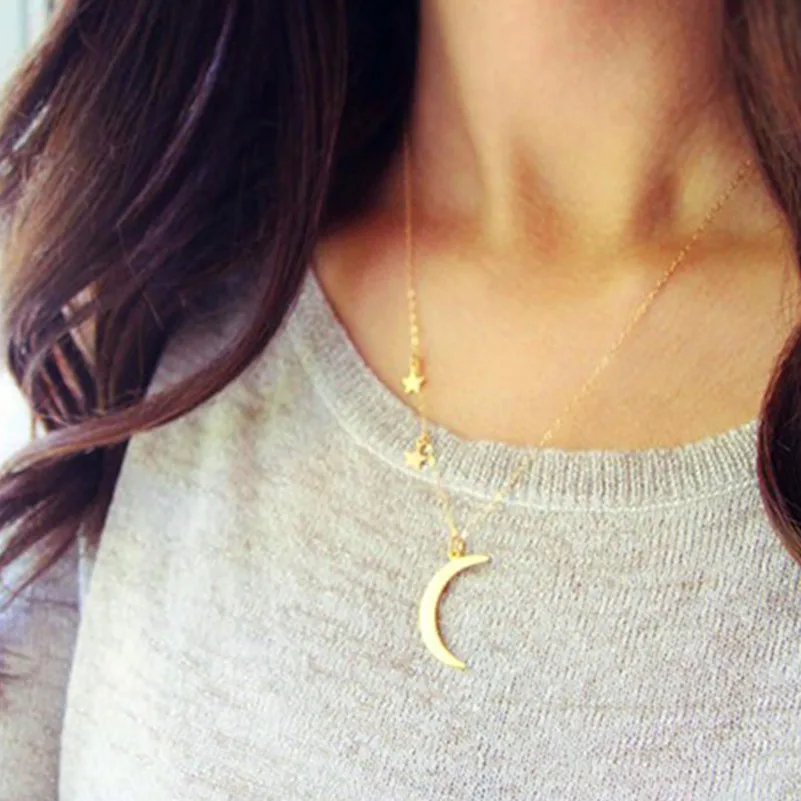 Bijoux Punk Star Moon Pendant Long Necklace For Women Jewelry Metal Multilayers Chain colar feminino Clavicle x226 | Украшения и
