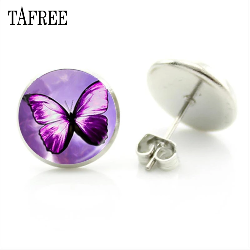 TAFREE Brand Beautiful Butterfly Art Patterns Stud Earring Glass Cabochon Dome Earrings for Women Girls Fashion Jewelry JS135 | Украшения и