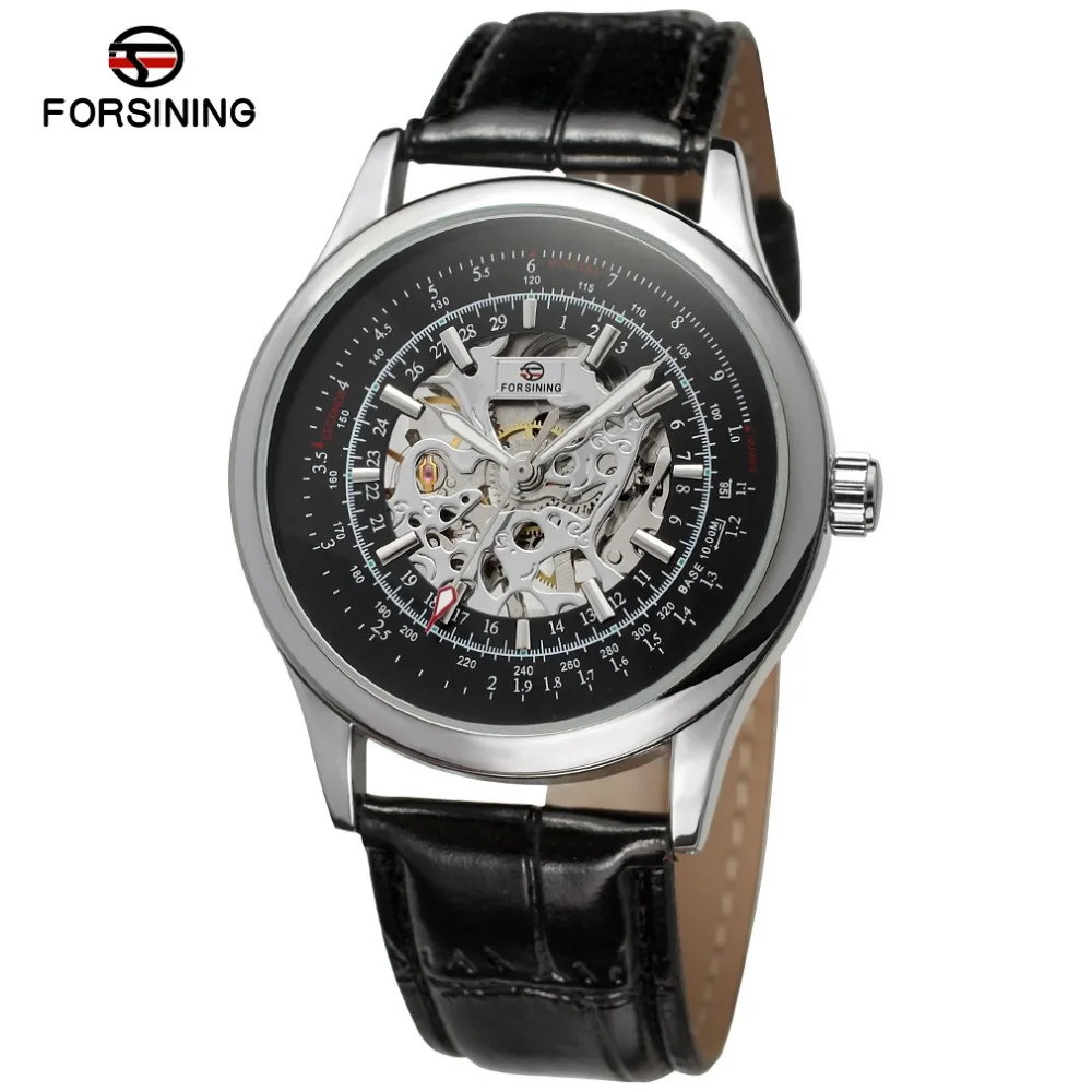 Корпус из сплава серебра Цвет черным циферблатом скелет ремешок натуральной