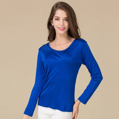 Royal Blue Женская футболка из натурального шелка, Базовая рубашка с длинным рукавом и круглым вырезом, осенняя Новинка, белая черная приталенная рубашка - Цвет: Royal Blue