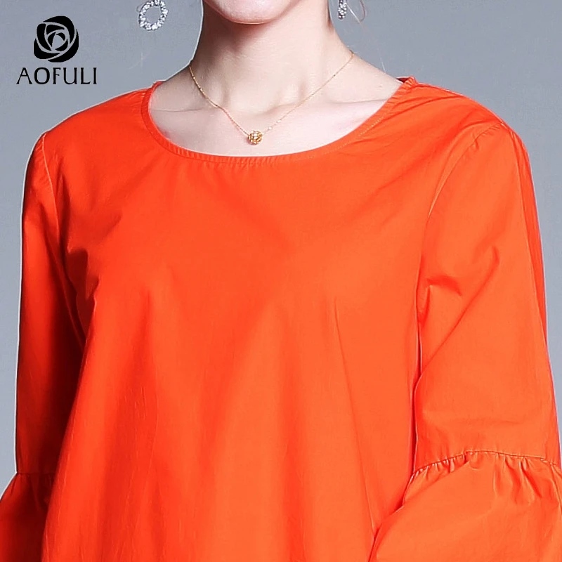 Женские блузки с расклешенными рукавами AOFULI S ~ 4XL оранжевые рукавом 3/4 хлопковые