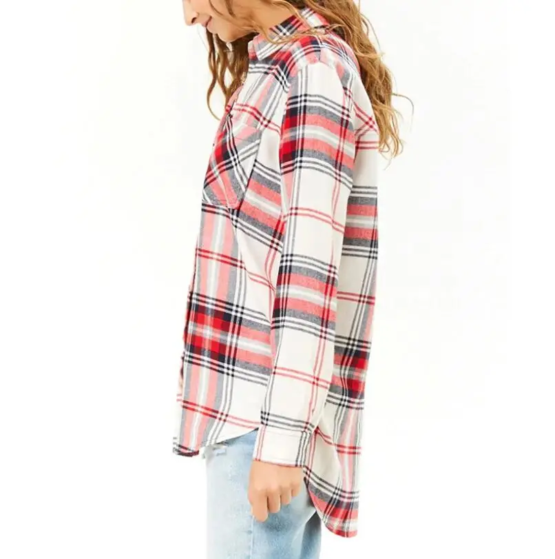 Блузка женская клетчатая с воротником-стойкой и длинным рукавом | Женская одежда