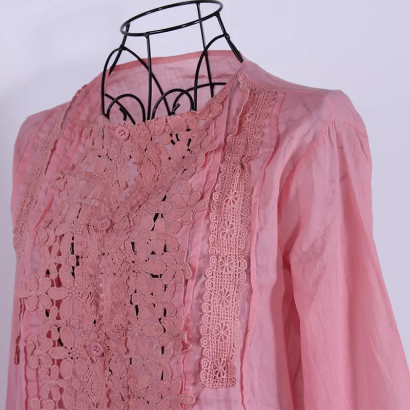 Кружевная ажурная женская рубашка в стиле пэчворк однобортная с длинным рукавом