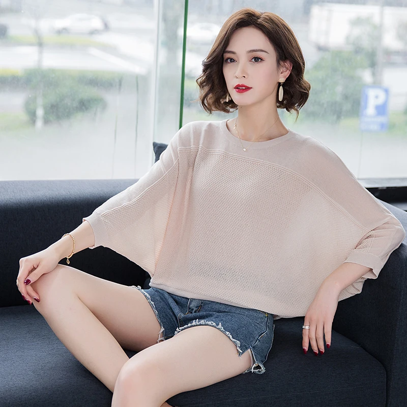 

Batwing Sleeve Summer Hollow Tops Women's Solid Color Linen Knit Blouses 2019 Casual Loose Blouse Tops
