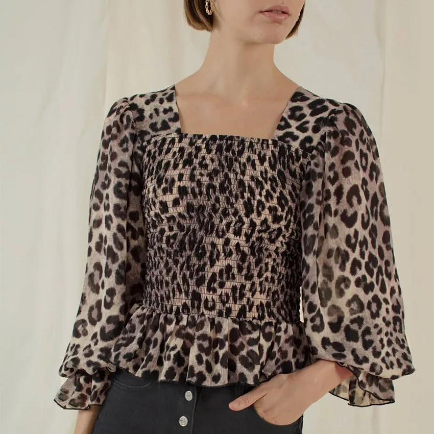 

New Women's Chiffon Blouse Leopard Printed Street Wear Square Collar Blouses 2019 Designer Feminine Ruffles Shirts Clothing Tops