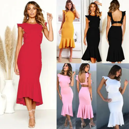 Винтажное женское платье средней длины с круглым вырезом и открытой спиной