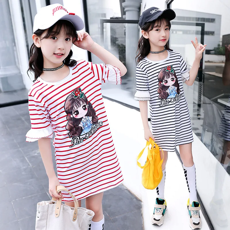 Kids Girls Dress Cotton Striped Short sleeve Clothing summer Casual Children 4 5 6 7 8 9 10 11 12 13 14 Years | Детская одежда и