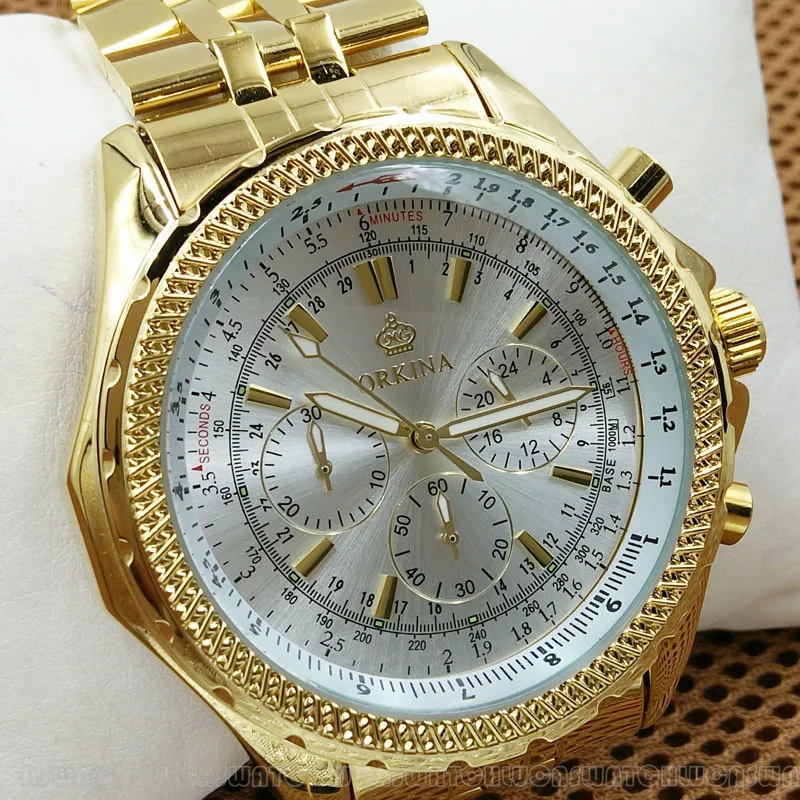 ORKINA часы Мужские кварцевые корпус из нержавеющей стали белый циферблат золотые