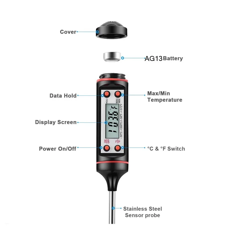 Цифровой кухонный термометр с ЖК-экраном для приготовления барбекю, гриля, конфет, молока, воды и мяса с батареей.