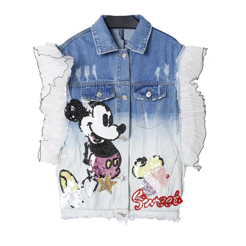 Опрятный стиль милые девушки градиент цвета промывали джинсовой жилет блестками