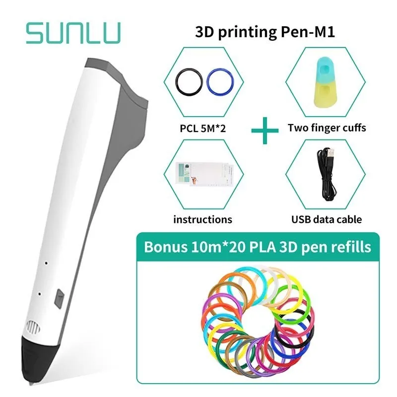 M1-White-10.20 SUNLU M1 3D печать Ручка Поддержка 1,75 PLA PCL нити легко поддерживать детей Scribble ручки Рождественский подарок - Цвет: M1-White-10.20