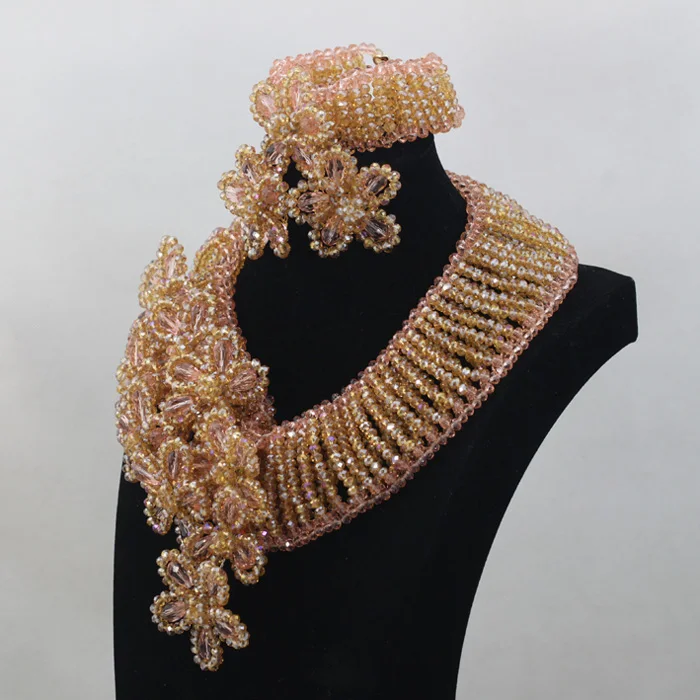 Роскошный комплект свадебных украшений цвета шампанского золотого с персиковым