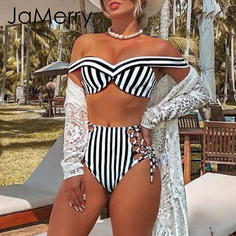 Женский раздельный купальник в красную полоску пуш ап с v образным вырезом