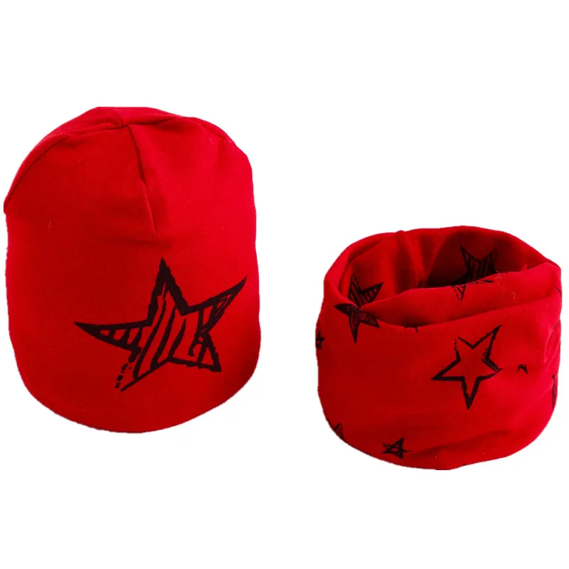 red star hat scarf Новая весенне-Осенняя шапка для девочек, шарф, комплект с рисунком совы, звезды, лебедя, шапка для маленьких мальчиков и девочек, детская шляпа, шарф-воротник, комплект хлопковой детской шапки - Цвет: red star hat scarf