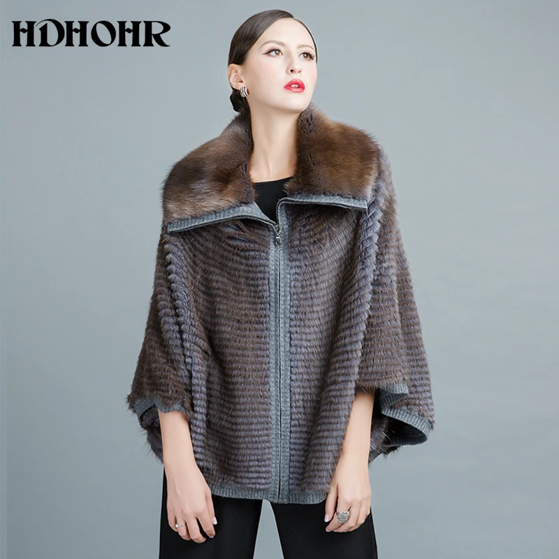 HDHOHR 2022 Knitting Mink Fur Coat Women Lapel Bat Sleeves High Quality Winter Fashion Real Mink Fur Coats Large Size Fur Jacket