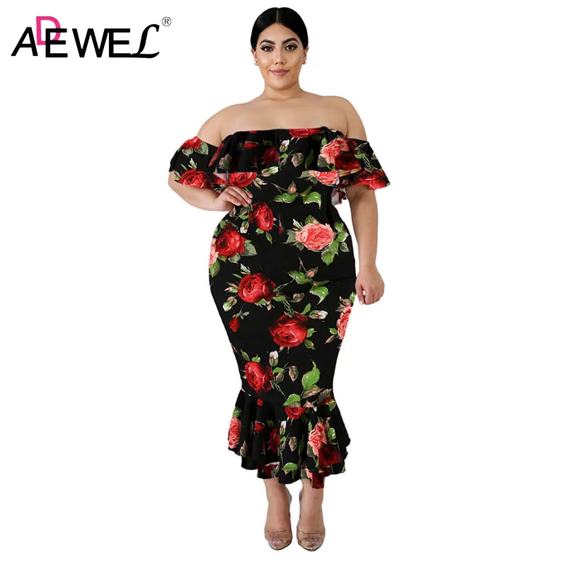 

ADEWEL Plus Size Women Black Sexy Off-the-Shoulder Dress Floral Printed Mermaid Evening Dresses 5XL Ruffle Party Gown Summer New