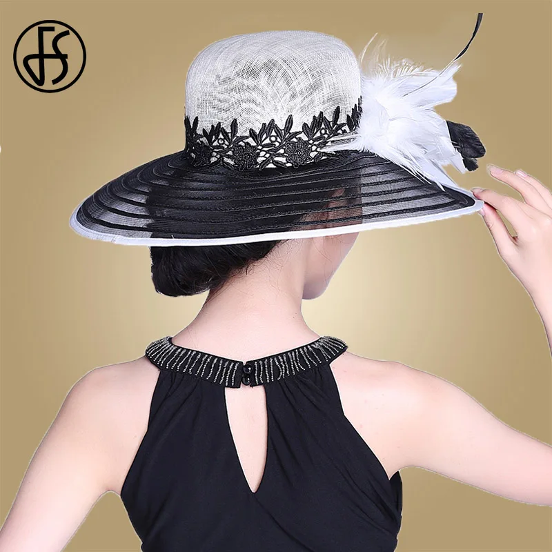 FS черные широкие фетровые шляпки с полями для женщин Свадебные Kentucky Derby Sinamay