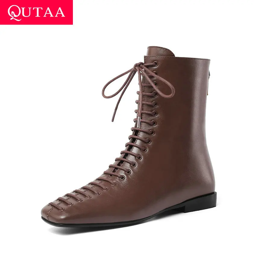 Женские ботильоны QUTAA черные коричневые на низком квадратном каблуке со