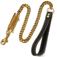39 15mm strong safety anti lost collar dog leash chain cuban curb link stainless steel gold tone wleather handle strong lead
