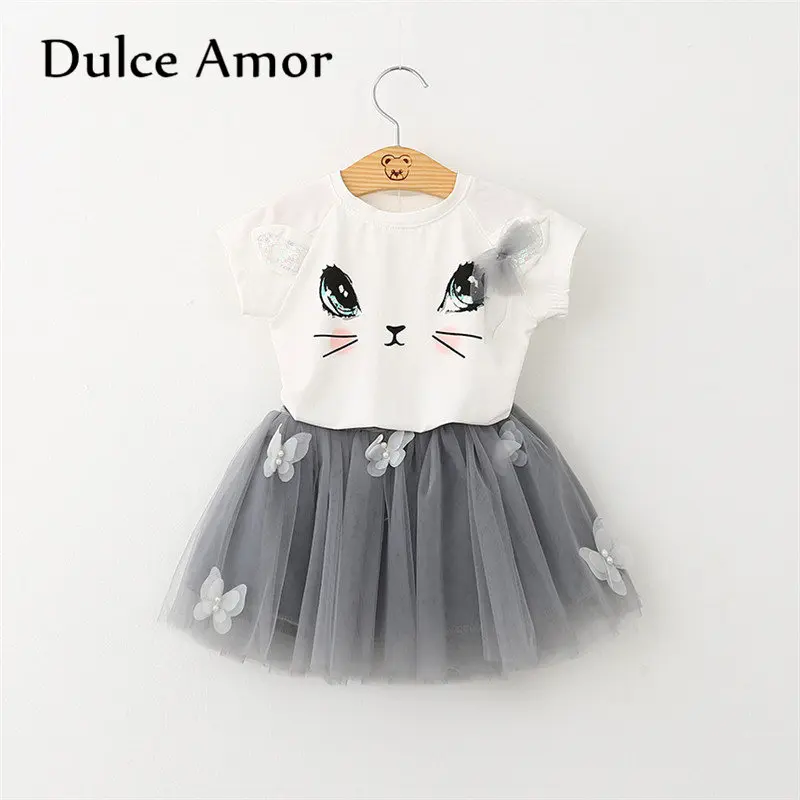 

Dulce, праздвечерние чное платье для девочек, летняя Милая футболка с мультяшным принтом милого кота + сетчатая бальная юбка, детский комплект ...