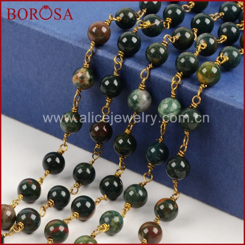 

BOROSA Gold Color 8mm Round Green India Agates Beads Wire Wrapped Rosary Chain Natural Stone Beaded Chains for DIY Jewelry JT124
