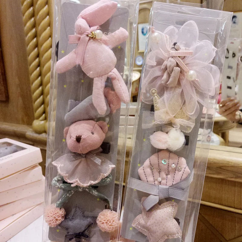5 шт./компл. Lovely Baby Заколки для волос для маленьких девочек Луки корона заколка для волос, плюшевые детские куртки с кроликом из мультфильма, Детские эластичные резинки для волос Головные уборы аксессуары