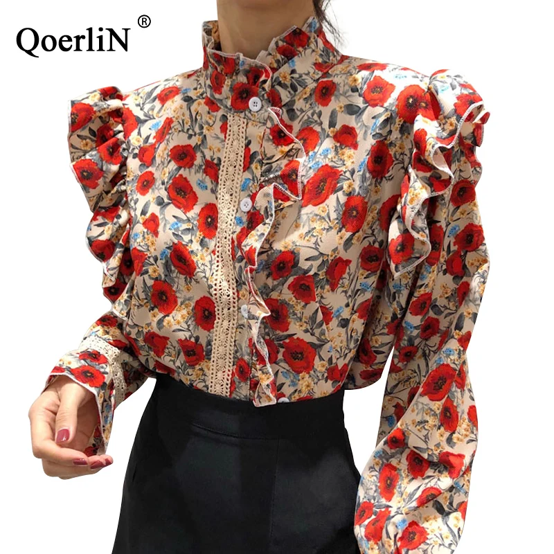 QoerliN, дизайнерские рубашки для женщин, модный принт, оборки, воротник, длинный рукав, блузка для девушек, OL, кружево, выдалбливают, винтажный крючок, плиссированный топ