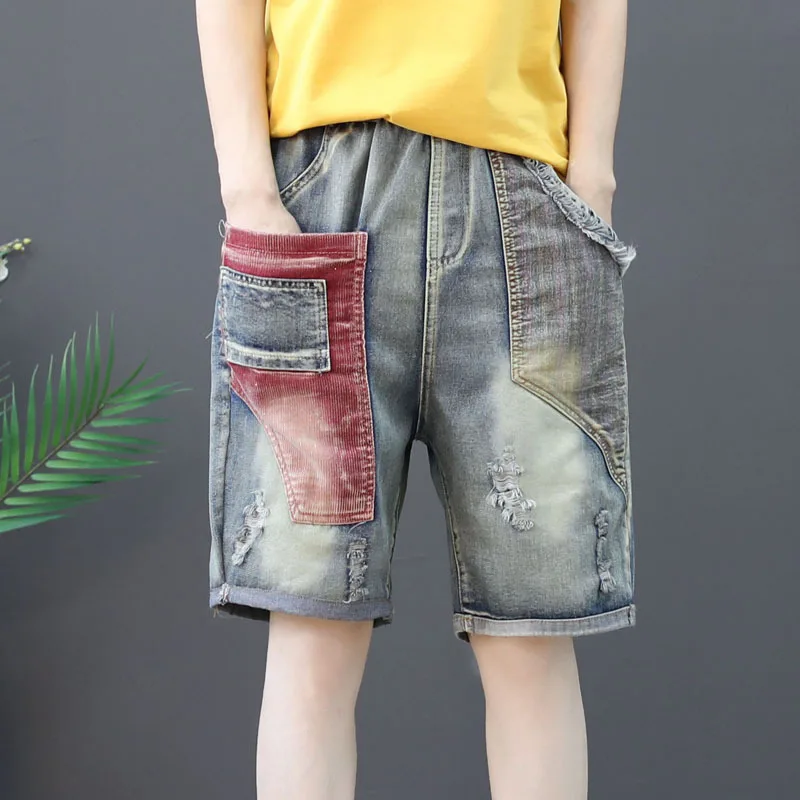 Женские летние джинсовые шорты Лоскутные Разорванные манжеты карманы Ретро Инди