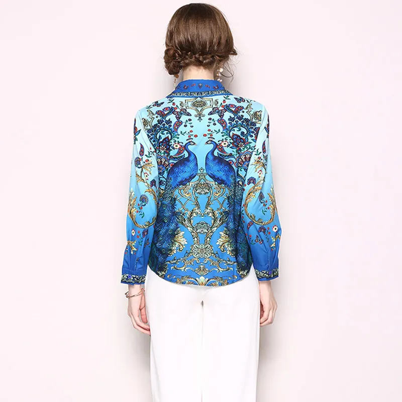 Женская блузка с длинным рукавом Willstage синяя рубашка цветочным принтом и