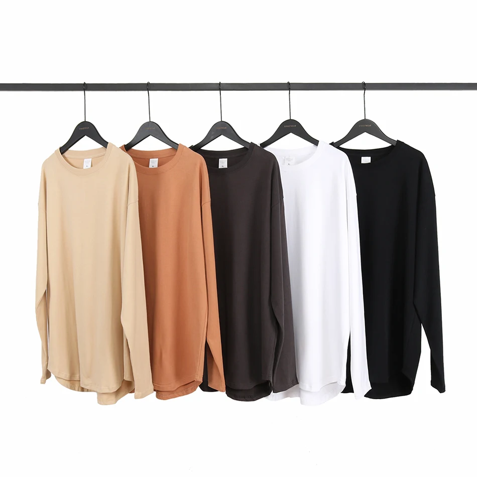 5 Color New Tide Cotton Oversize Men's T-shirt Round Neck Long Sleeve Curved Hem Loose T Shirts Black White High Street T-Shirts | Мужская