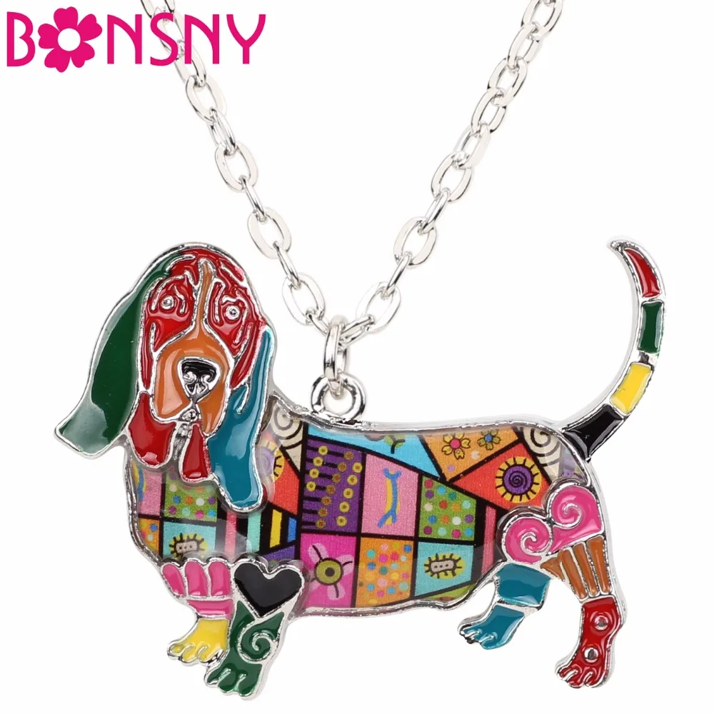 

Bonsny Statement Enamel Alloy Basset Hound Dog Necklace Pendants Choker Chain Collar Fashion Jewelry Animal Souvenir For Women