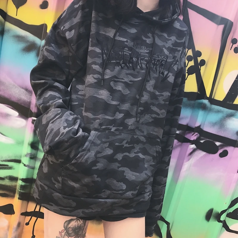 Женская камуфляжная толстовка с капюшоном и вышивкой в стиле хип хоп|Женские