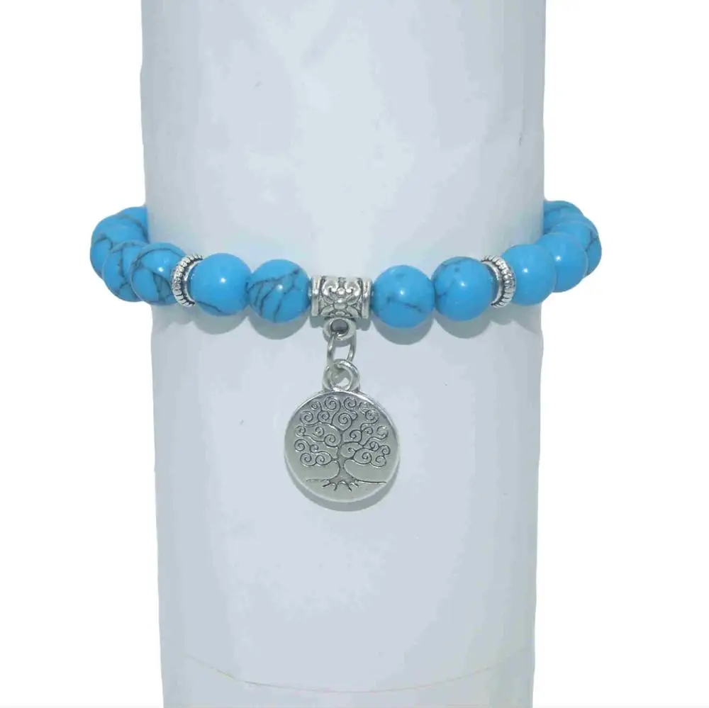 Blue turquoise Природный камень 8 мм Дерево жизни бусины лазурит тигровый глаз, Агаты мала бусины браслеты для женщин мужчин Йога браслет - Окраска металла: Blue turquoise