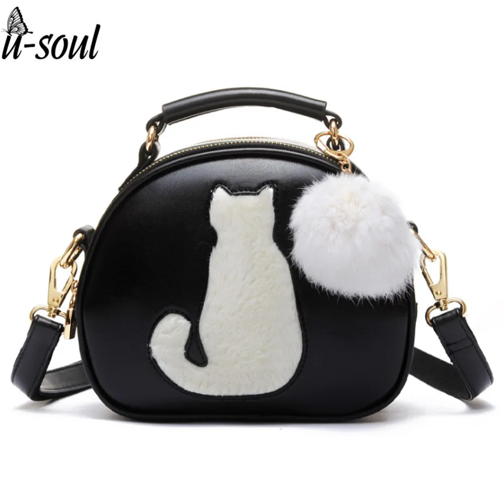 Женские сумки через плечо женские crossbody кожаные с меховым помпоном женщины кошки