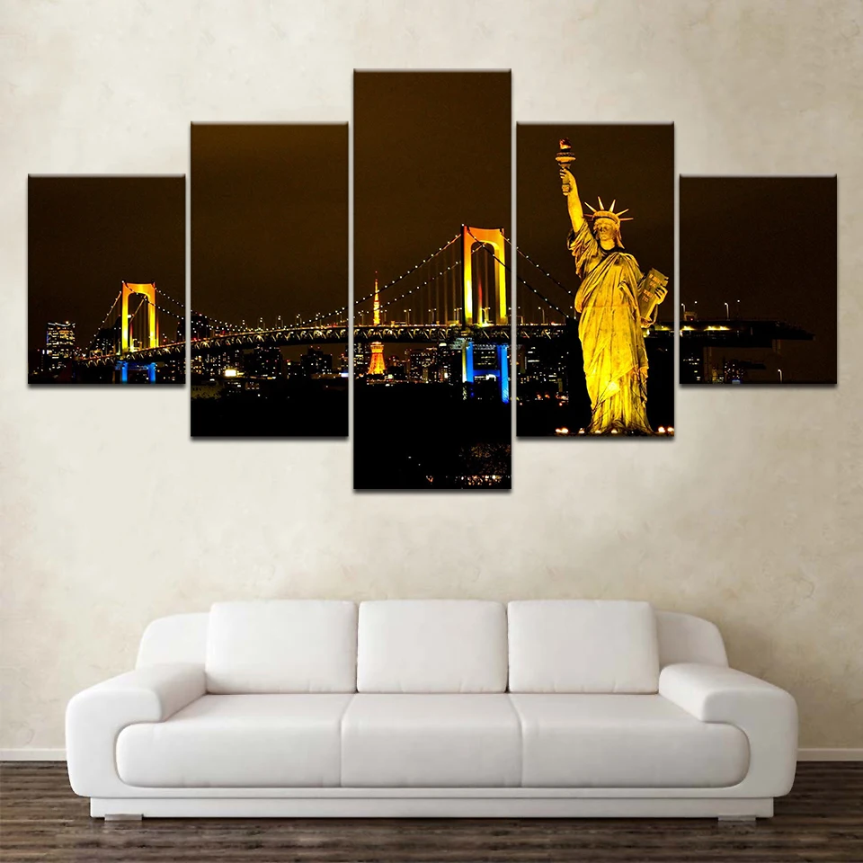 Холст фотографии Wall Art Печать плакатов 5 шт. Токио Статуя Свободы фон с