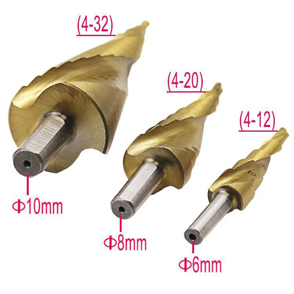 Zjcostol 3 шт. 4/32mm HSS Спиральная рифленая центровочное сверло карбида вольфрама с покрытием Алюминий Треугольники хвостовиком пагода ступенчатая Буровая головка бура Титан конус сверла по металлу