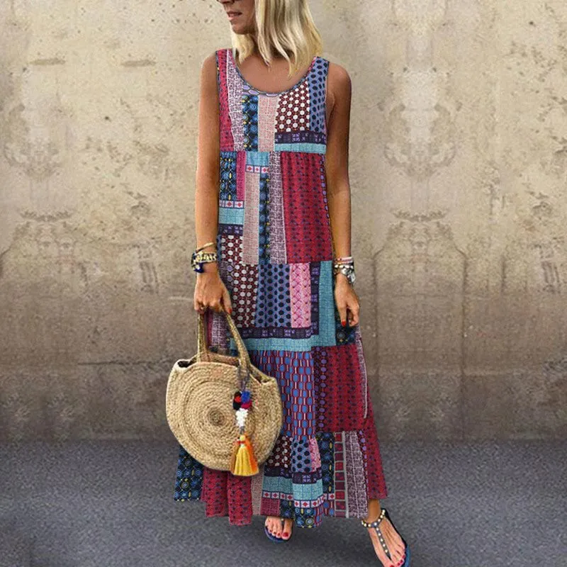 Женское длинное платье без рукавов с круглым вырезом богемное национальным