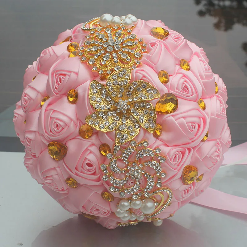 18CM Wedding Bouquet Luxury Gold Crystal Brooch Bridal Handmade Silk Rose Ribbon Flowers Artificia Fake Flower | Дом и сад