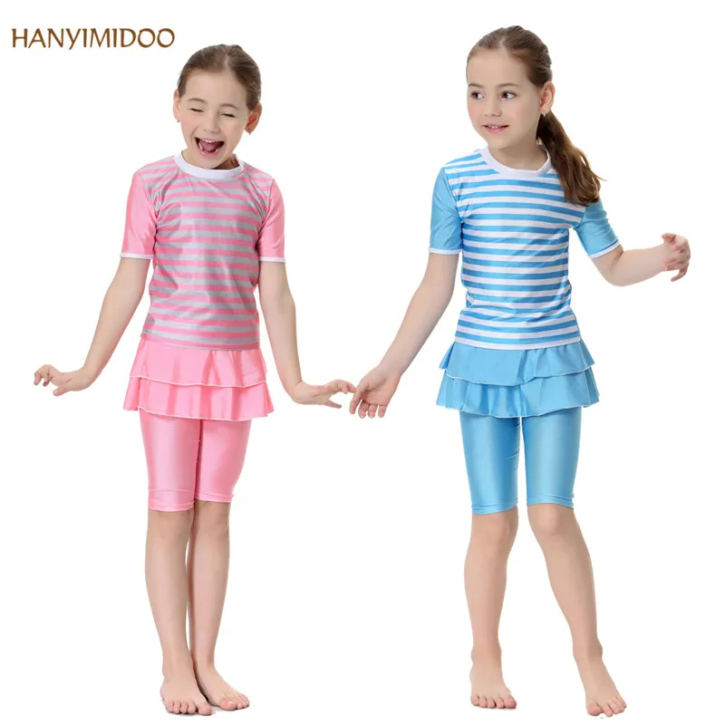 

HANYIMIDOO Muslim Girls Swimsuits Short Sleeve Two Piece Swimwears Islamic Children Beach Surf Wear Swimming Suit H