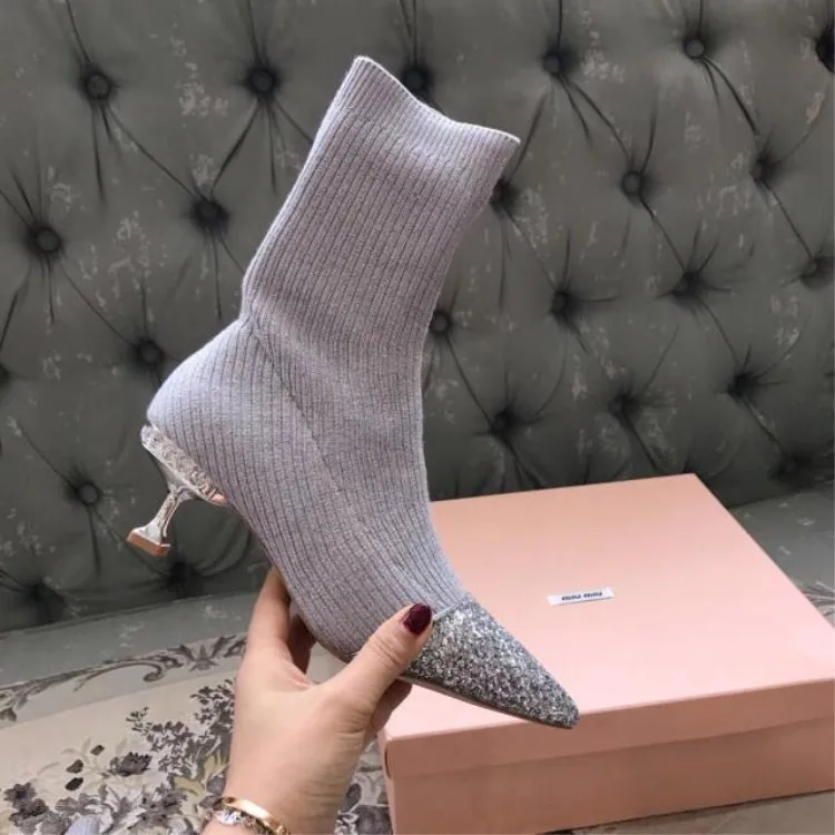 Punta FINA con Botas де Mujer Europa Y Лос Estados Unidos Nueva плата lentejuelas gatos Перро un Solo calcetines Botas|Женские