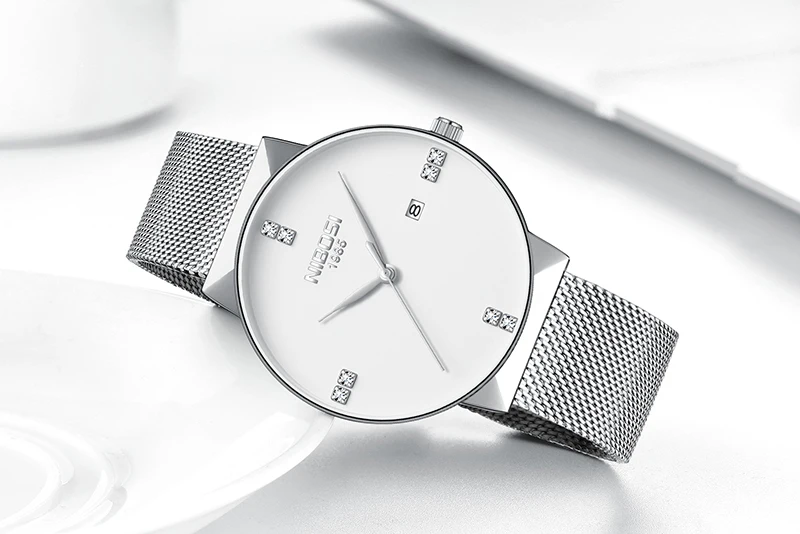 Silver White M NIBOSI, новинка, модные простые часы, тонкий сетчатый ремешок, мужские нарядные часы, Топ бренд, Роскошные мужские часы, мужские кварцевые наручные часы - Цвет: Silver White M