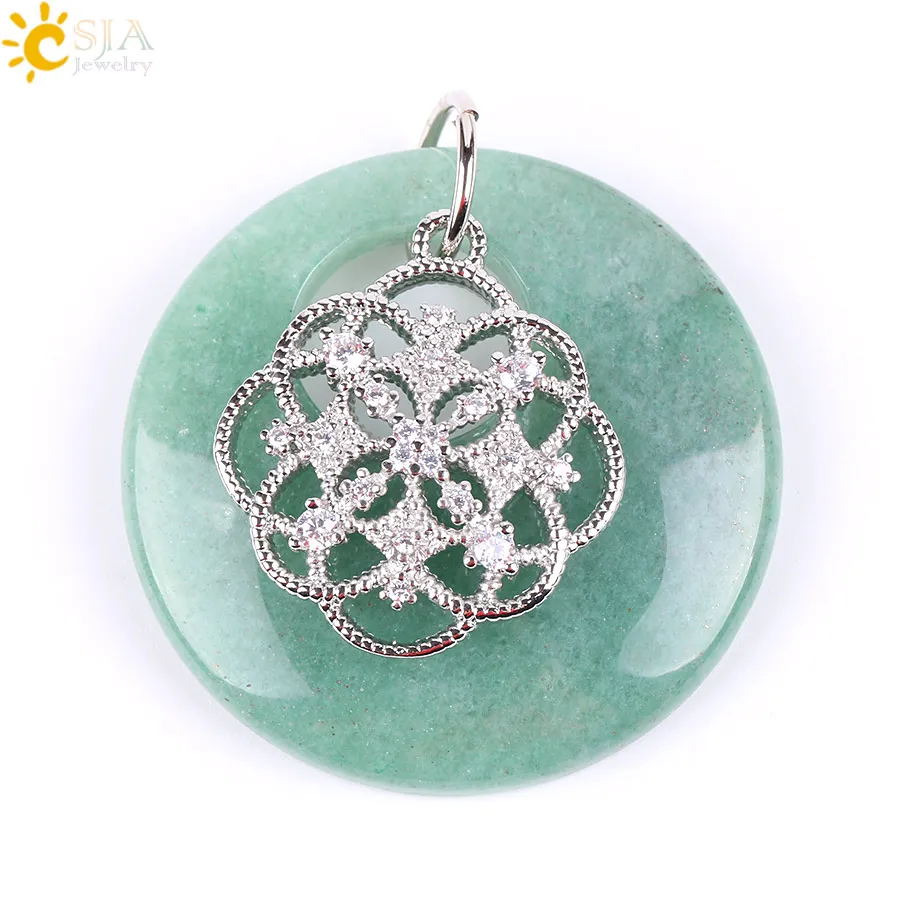 Green Aventurine Csja натуральный камень полые круглая подвеска кубический цирконий цветок тигровый глаз опал лазурит рейки ювелирные украшения со стразами E827 - Окраска металла: Green Aventurine