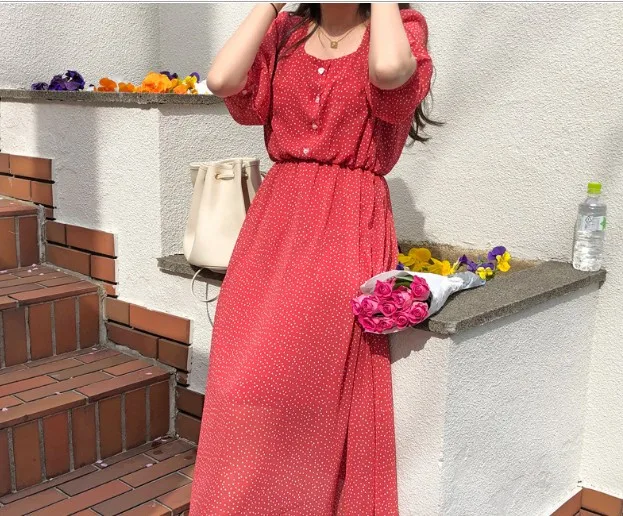 S-XL, летнее женское платье, повседневное, бохо, OL, повседневное, шифоновое, в горошек, с длинным рукавом, женские платья, женское платье, Robe femme Vestido - Цвет: Red