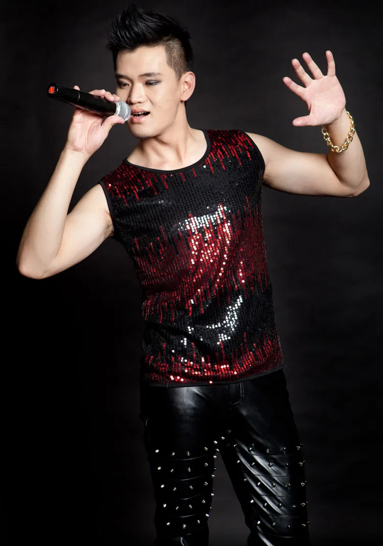 New Jazz Dance Harem Tops For Men Rock Bar Dj Dancers Stage Original Singer Hip Hop T-shirt Sequin Hairstylist Vest BD119
