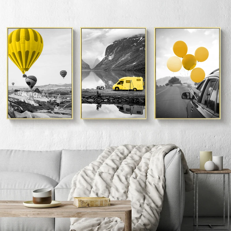 

Modern Travel Poster Landscape Yellow Air Ballon Prints Canvas Paintings Abstract Wall Art Pictures Living Room Home Decorative