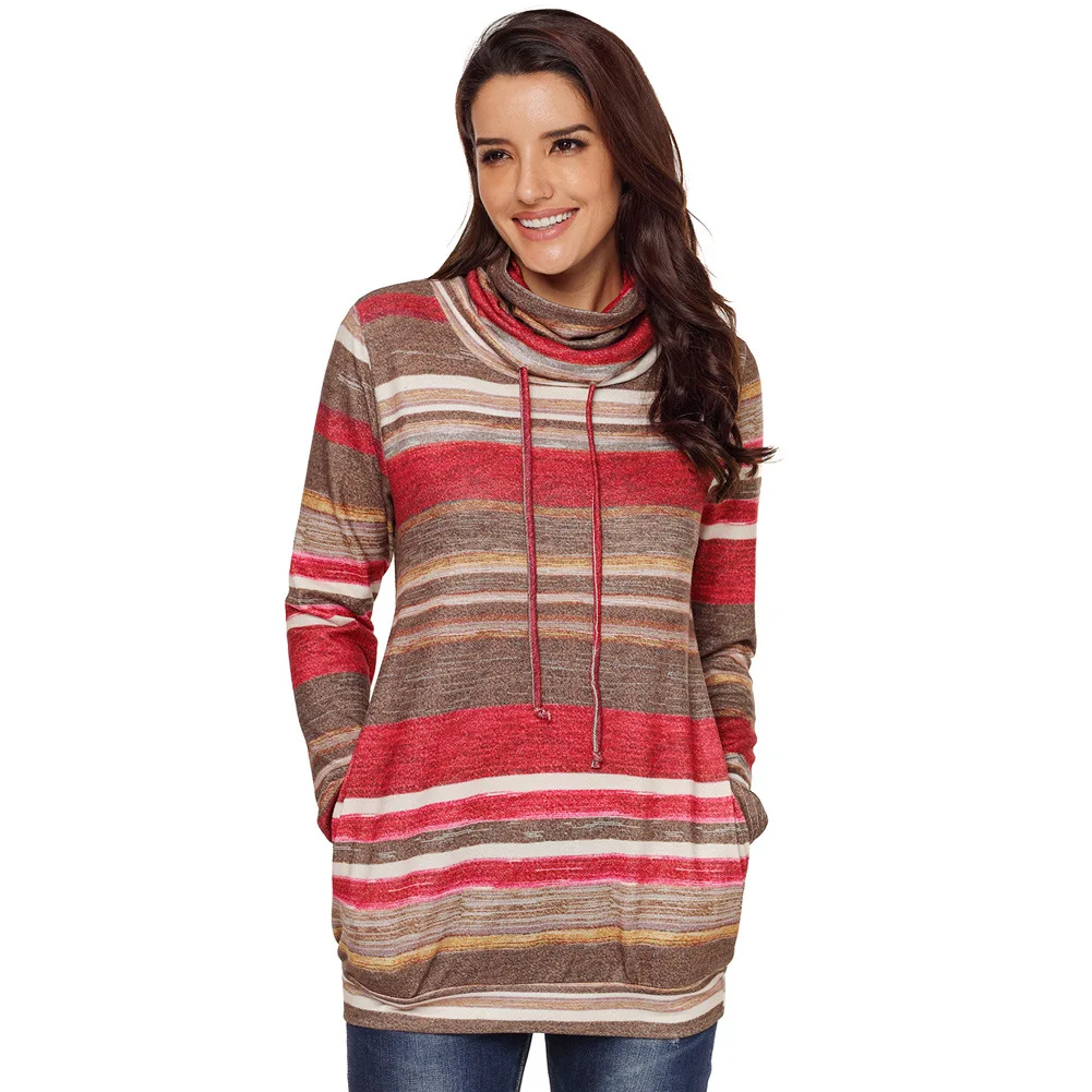 Fashion Women Long Style Pullovers with Pockets Multicolor Autumn Sleeve Striped Drawstring Sweatshirts Tops Streetwear | Женская одежда
